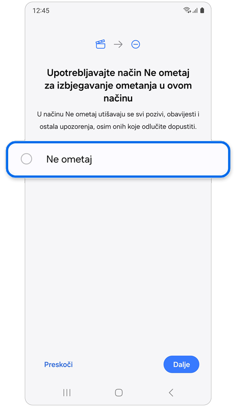 Zaslon za aktiviranje "Ne ometaj".