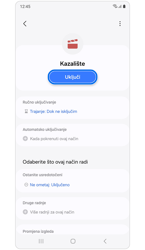 Kazališni način rada početni zaslon.