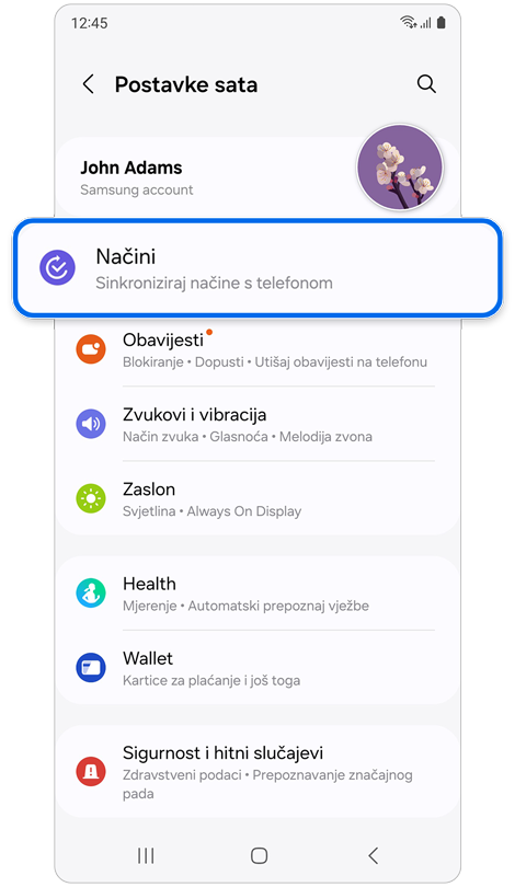 Postavke sata početni zaslon.