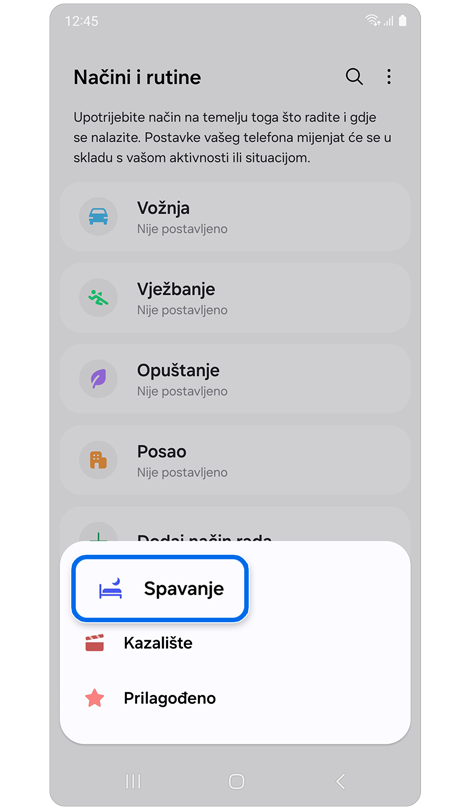 Zaslon s popisom dostupnih načina rada.