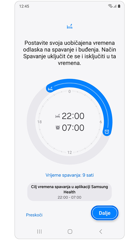 Postavke spavanja i buđenja za način rada Spavanje.