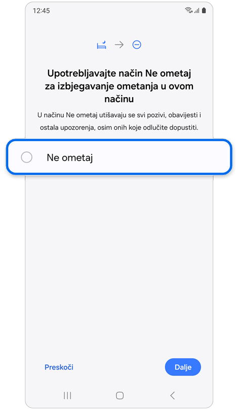 Zaslon za aktiviranje "Ne ometaj".