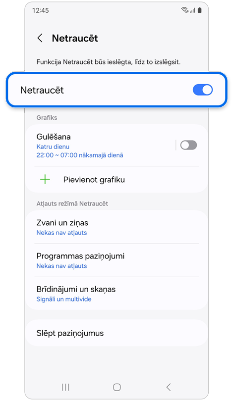 “Netraucēt” iestatījumu ekrāns.
