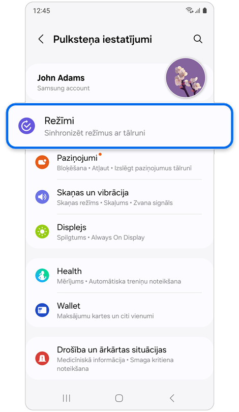 Sākuma ekrāns Pulksteņa iestatījumi.