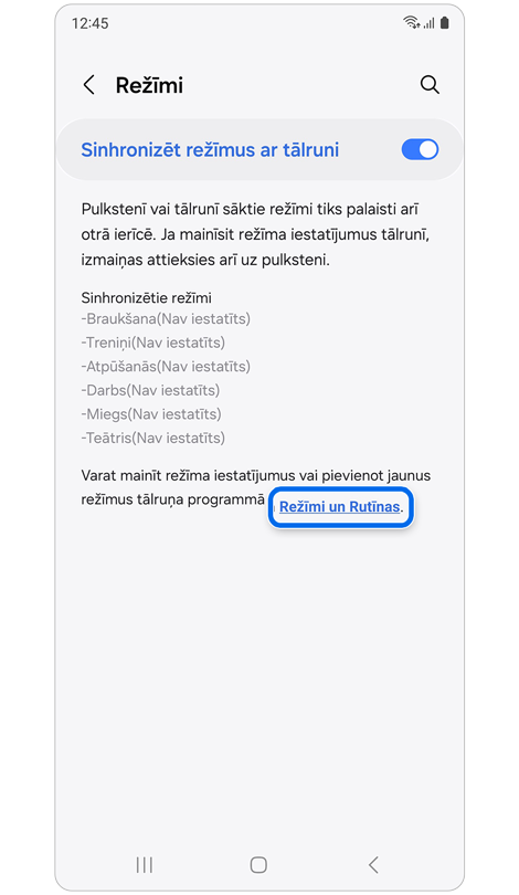 Ekrāns, lai sinhronizētu režīmus ar savu telefonu.