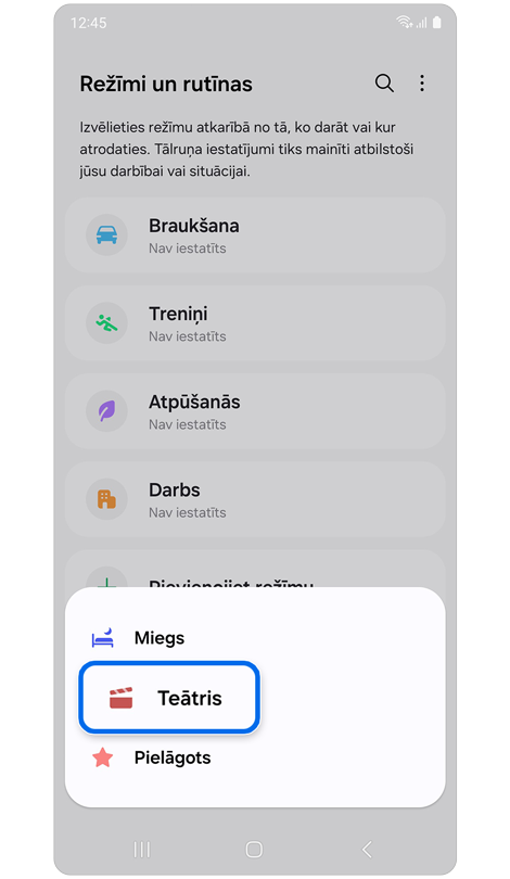 Ekrāns ar pieejamo režīmu sarakstu.