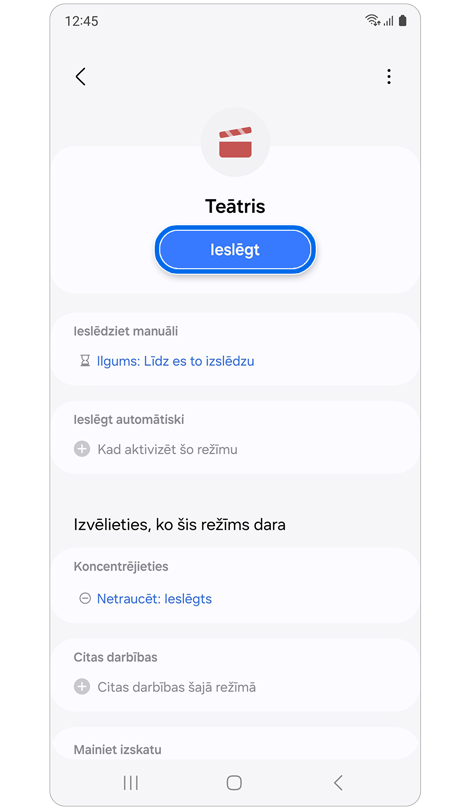 Režīma Teātris sākuma ekrāns.
