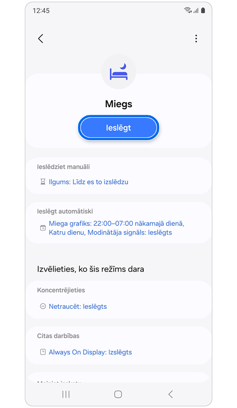 Režīma Miegs sākuma ekrāns.