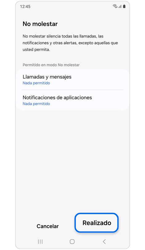 Opciones de personalización para "No molestar" durante el modo Cine.