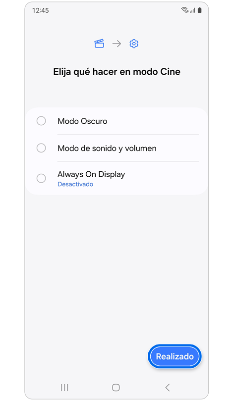 Opciones de personalización de la acción del modo Cine.