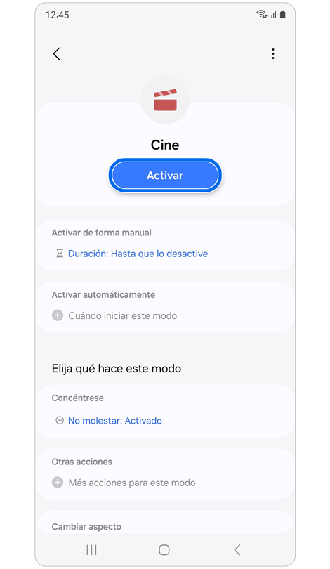 Pantalla de inicio en modo Cine.