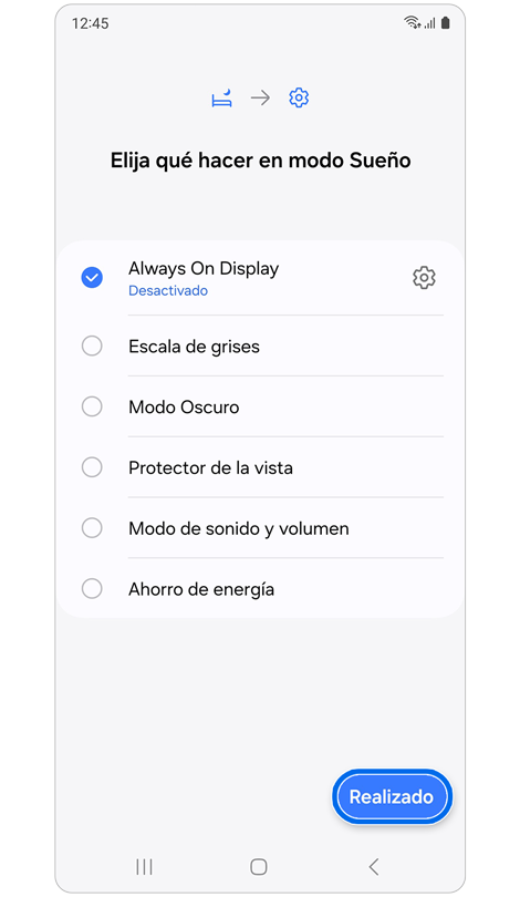 Opciones de personalización de la acción para el modo "Sueño".