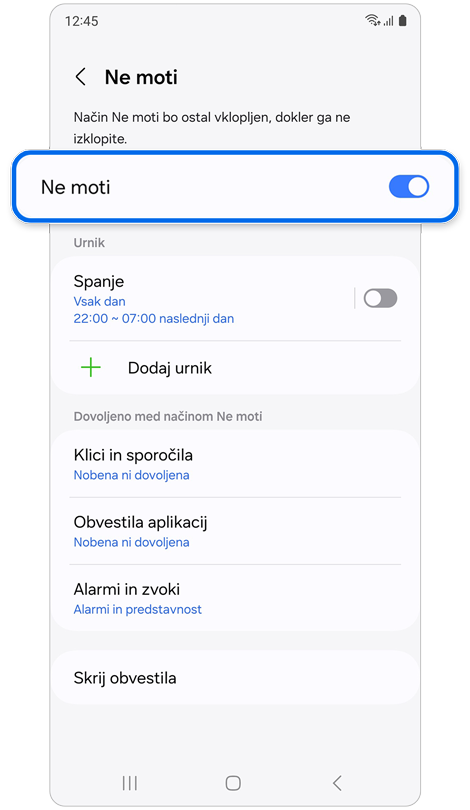 Zaslon z nastavitvami "Ne moti".