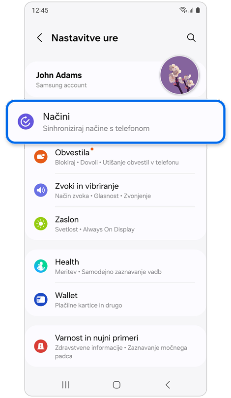 Domači zaslon Nastavitve ure.