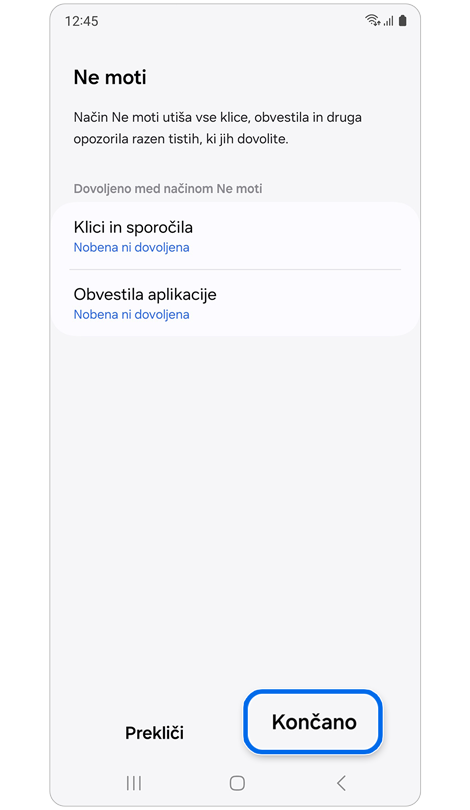 Možnosti prilagoditve za "Ne moti" med načinom Gledališki način.