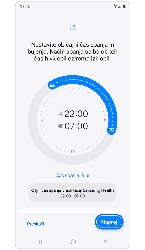 Nastavitve spanja in budnosti za način Spanje.