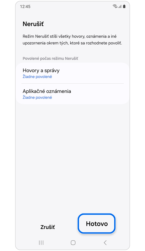Možnosti prispôsobenia pre "Nerušiť" počas režimu Kino.