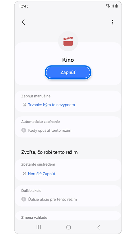 Domovská obrazovka režimu „Kino“.