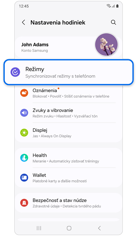 Domovská obrazovka funkcie Nastavenia hodiniek.