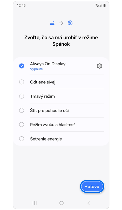 Možnosti prispôsobenia akcií pre režim „Spánok“.
