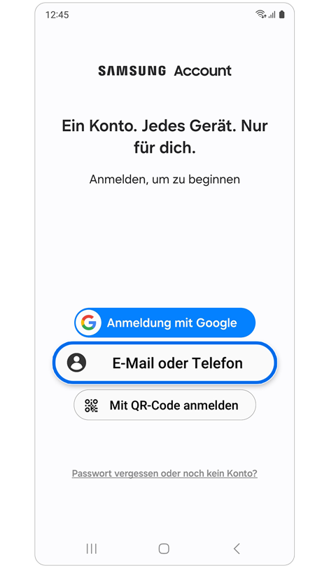 Anmeldeoptionen für Samsung Account