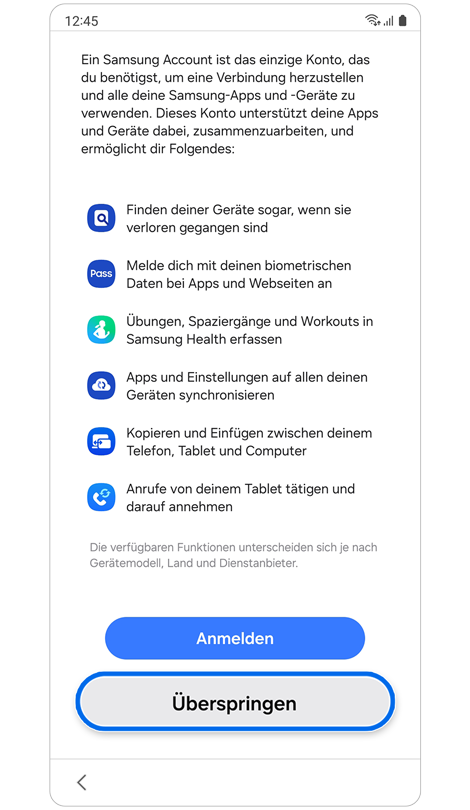 Überspringen der Einrichtung eines Samsung-Kontos