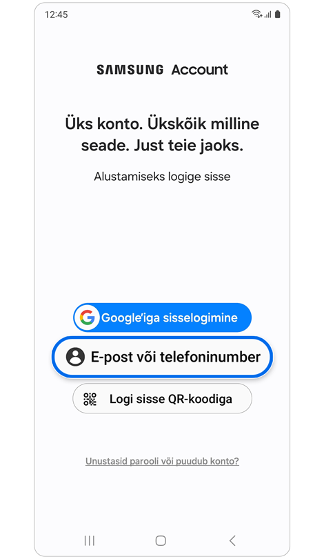 Samsung Accounti konto sisselogimisvalikud