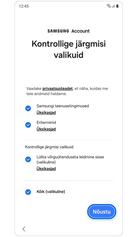 Samsung Accounti konto tingimused