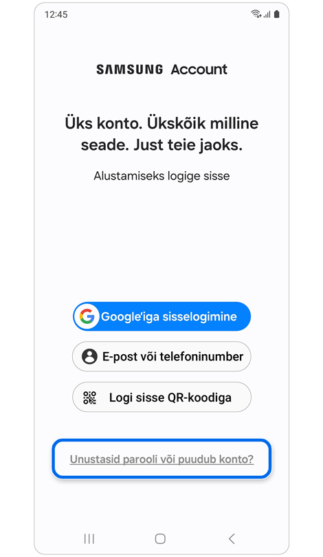 Samsung Accounti konto sisselogimisvalikud