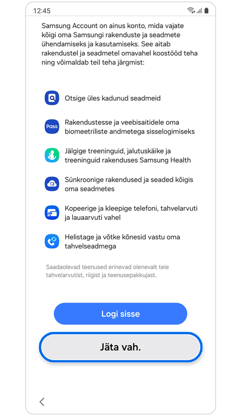Samsung Accounti konto seadistamise vahelejätmine