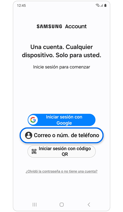 Opciones de inicio de sesión de la cuenta de Samsung