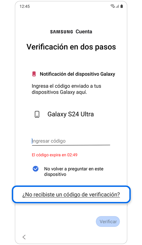 Autorización de 2 pasos "¿No recibiste un código de verificación?"