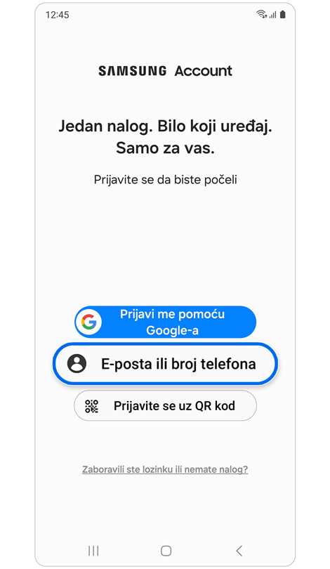 Opcije prijave na Samsung nalog