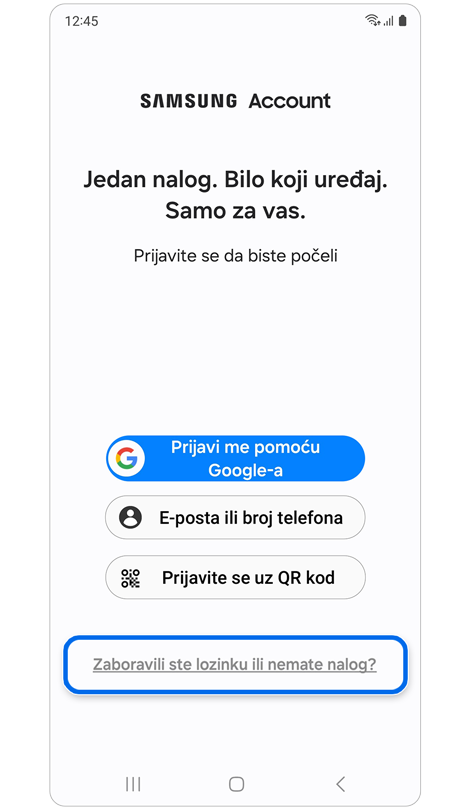 Opcije prijave na Samsung nalog