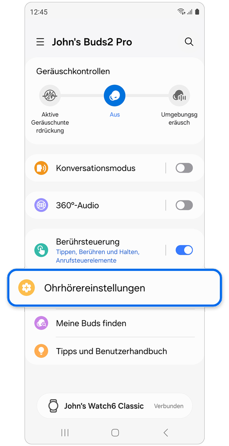 Auf dem Startbildschirm der Galaxy Buds ausgewählte Einstellungen der Galaxy Buds