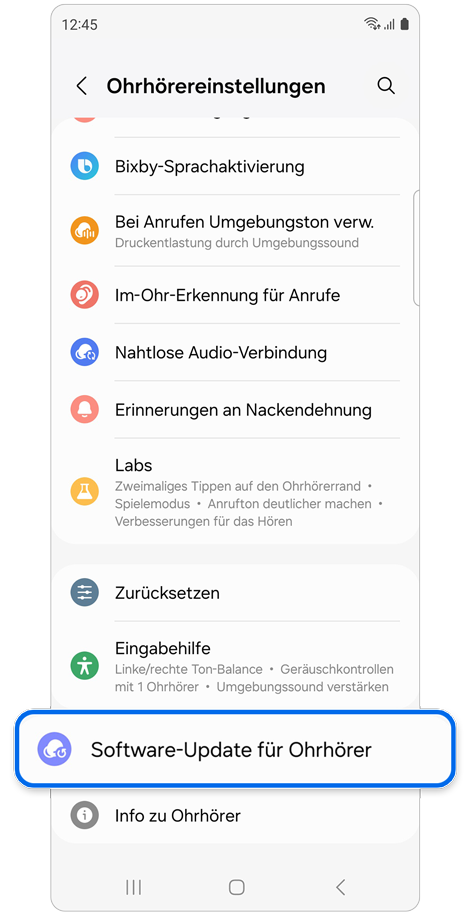 Startbildschirm der Ohrhörereinstellungen
