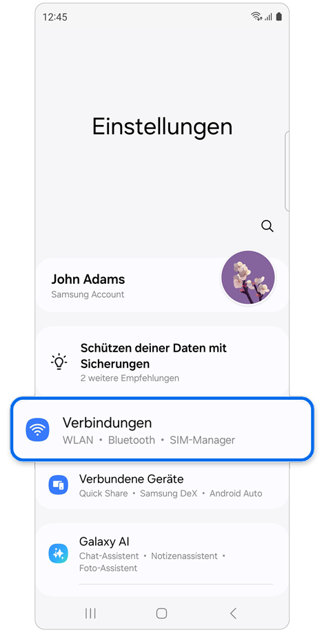 Startbildschirm „Einstellungen“ eines Galaxy Smartphones