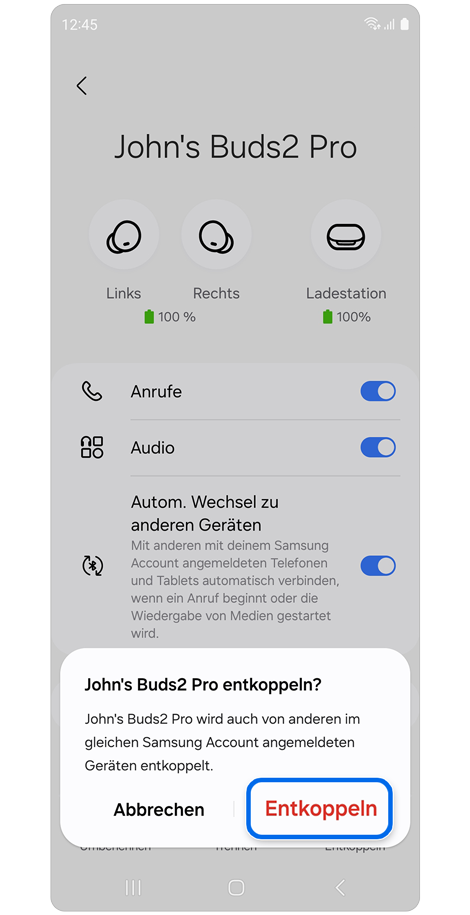 Pop-up-Fenster „Entkoppeln“