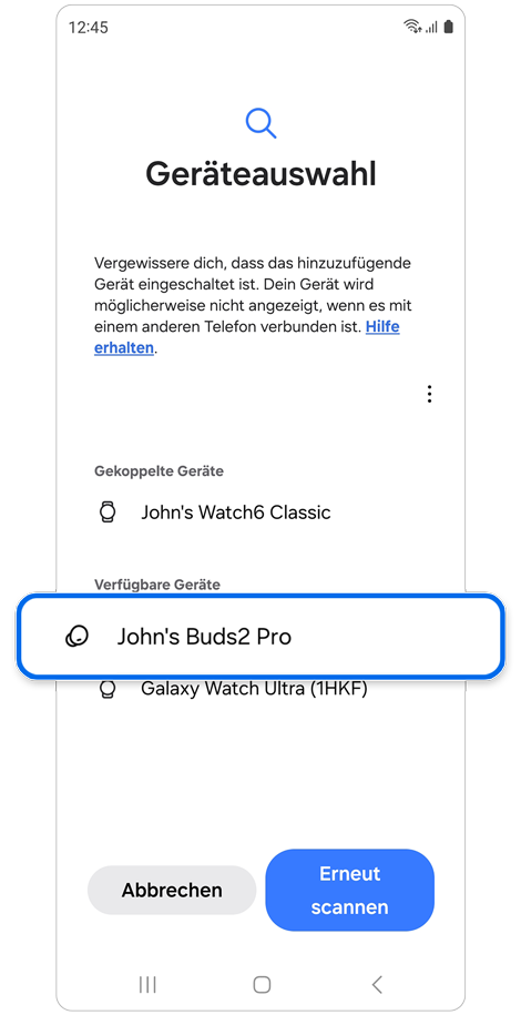 Liste der erkannten Bluetooth-Geräte