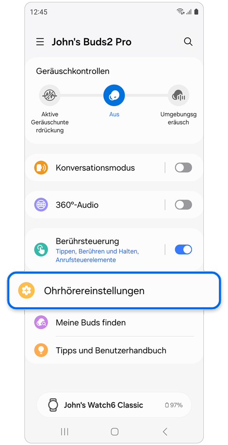 Auf dem Startbildschirm der Galaxy Buds ausgewählte Ohrhörereinstellungen
