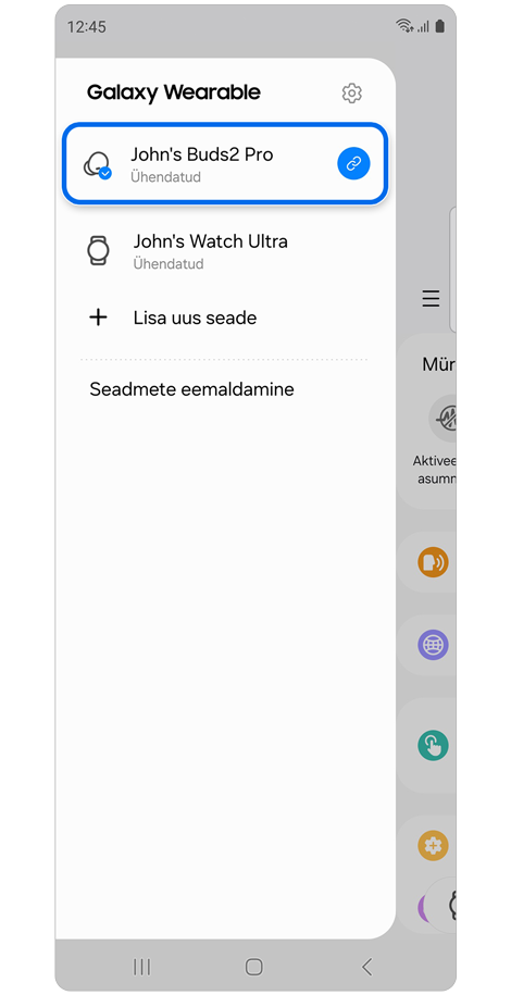 Galaxy Wearable rakenduse seadmete loend.