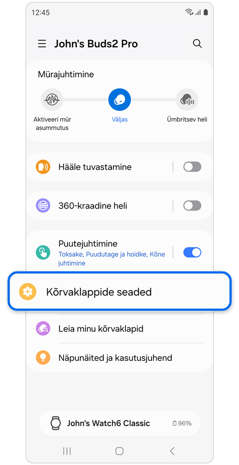 Galaxy Budsi avakuval valitud Galaxy Budsi seaded.