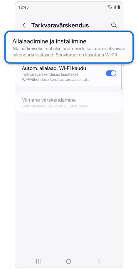 Valik tarkvarauuenduste allalaadimiseks ja installimiseks.