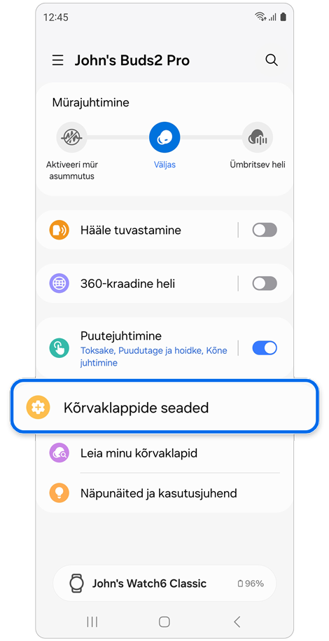 Valitud valik Kõrvaklappide seaded Galaxy Buds avakuval.
