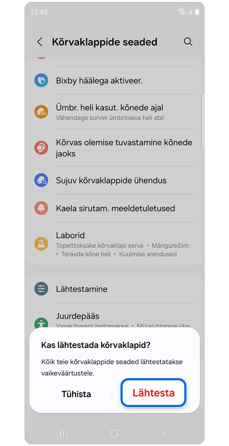Lähtestamise hüpikaken.