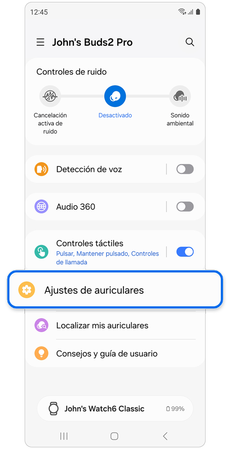 Ajustes de Galaxy Buds seleccionada en la pantalla de inicio de Galaxy Buds.