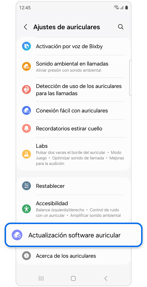 Pantalla de inicio de ajustes de auriculares.
