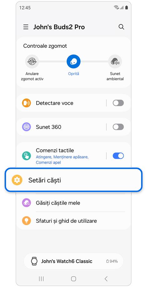 Setările căștilor Galaxy Buds selectate pe ecranul de pornire Galaxy Buds.