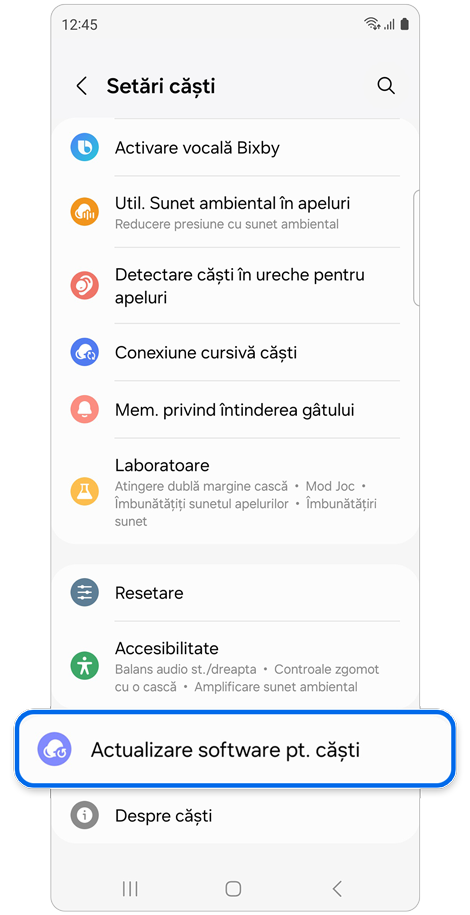 Ecranul de pornire Setări căști.