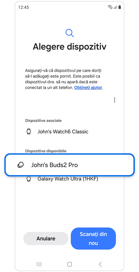 O listă de dispozitive Bluetooth detectate.